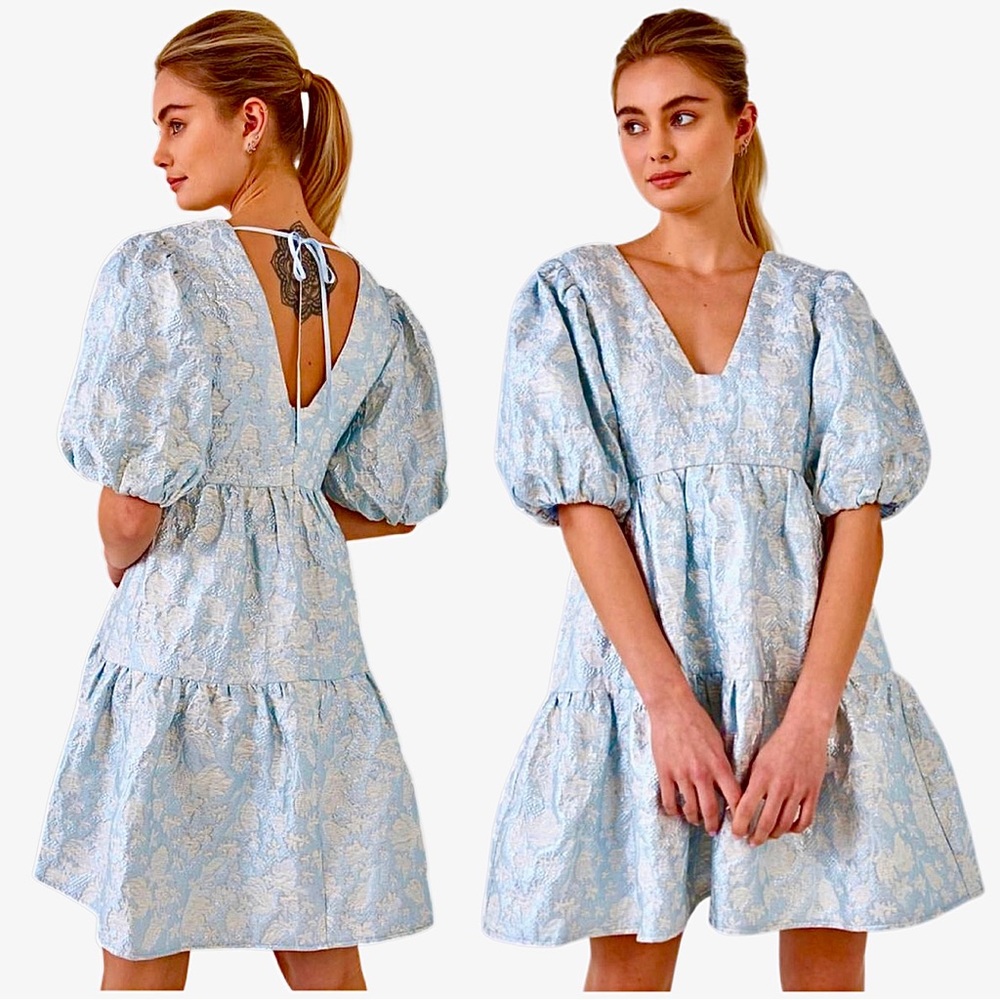 Puff Sleeve Jacquard Silver Blue Dress - Picture 1 of 13